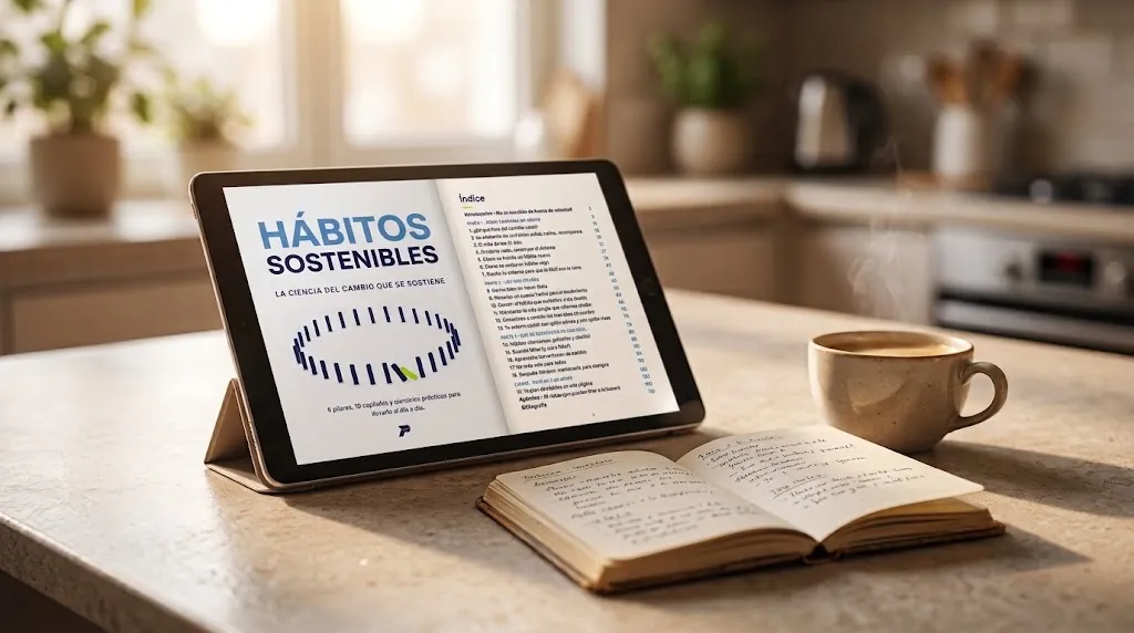 Ebook de salud abierto en una tableta sobre la mesa de una cocina