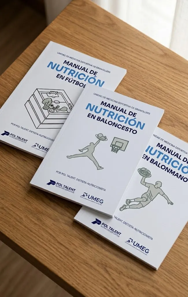 Portadas de los manuales gratuitos de nutrición en fútbol, baloncesto y balonmano