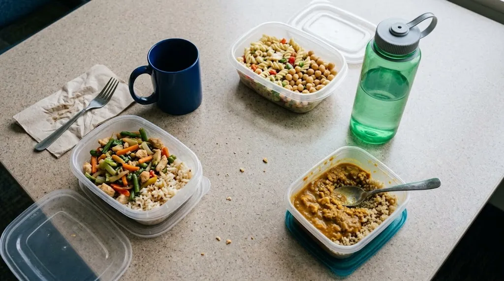 Comida traída de casa sobre la mesa del comedor de una empresa